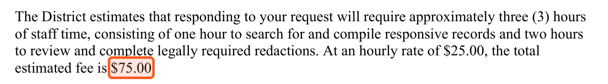 Excerpt from the Berlin-Boylston Regional School District fee-estimate response letter of September 23, 2026, with the $75.00 total estimate highlighted