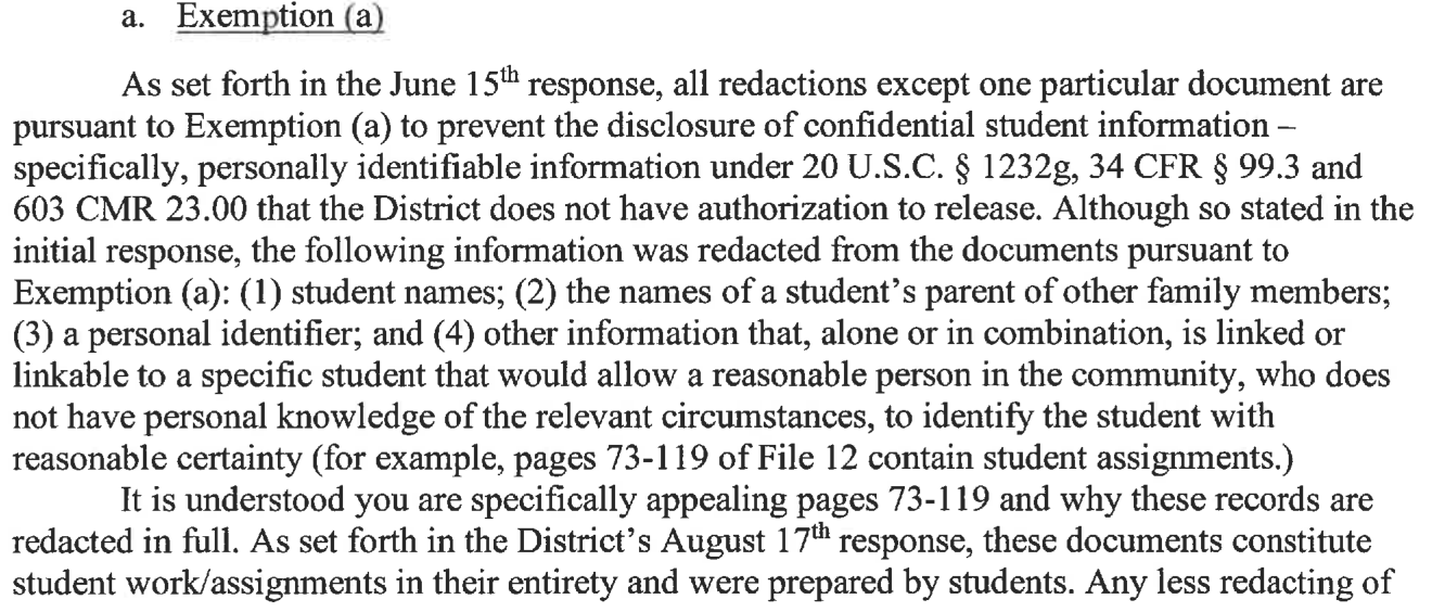The District's September 14, 2026 letter, section a. on Exemption (a), restating the four redacted categories and then addressing the appeal of pages 73-119, stating that these documents constitute student work and assignments in their entirety, were prepared by students, and cannot be redacted any less.