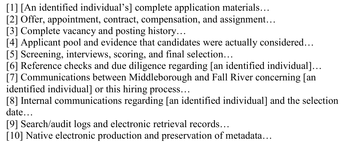 Exhibit 01: The ten categories of records the August 10, 2026 request sought, as the Supervisor of Records recorded them in the September 8, 2026 determination.