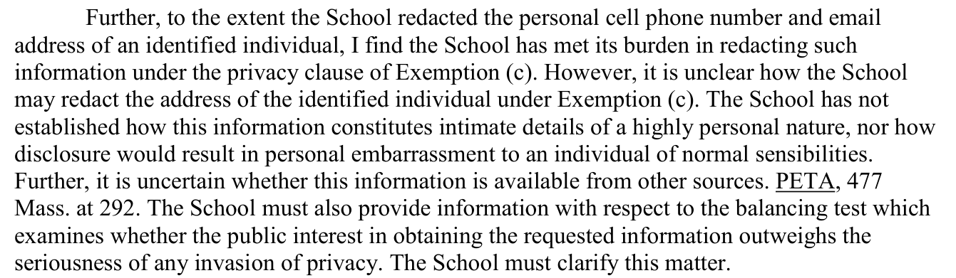 Exhibit 03: The September 8, 2026 determination on the successful candidate's personal information: a personal cell phone number and email were upheld, the address was not justified under the privacy clause of Exemption (c).