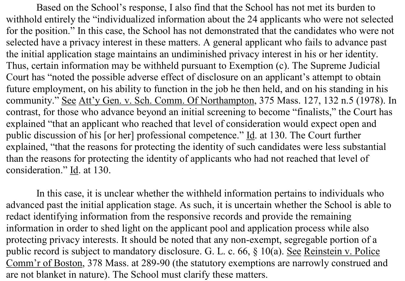 Exhibit 04: The September 8, 2026 determination on the twenty-four unsuccessful applicants: the School had not met its burden to withhold entirely their individualized information, applying the finalist analysis from Attorney General v. School Committee of Northampton.