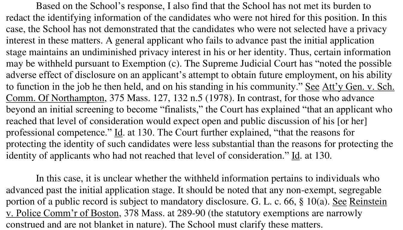 Exhibit 05: The September 22, 2026 determination in SPR26/3602, applying the same finalist analysis to the same principal search: the School had not met its burden to redact the identifying information of candidates who were not hired.
