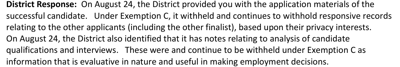 Exhibit 08: The district's September 4, 2026 response to the supplemental request, item 3: it withheld and continues to withhold responsive records relating to the other applicants, including the other finalist, on privacy grounds.