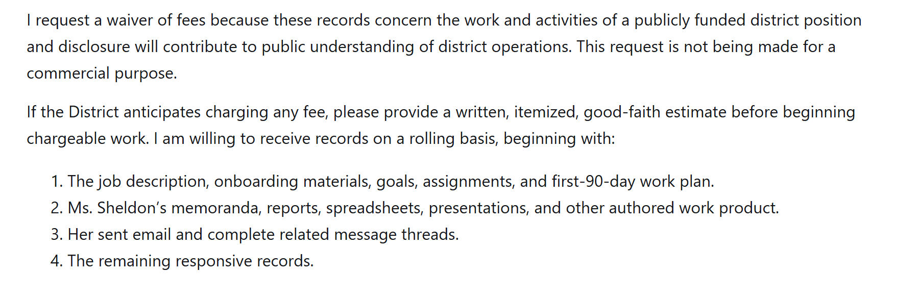 Exhibit 02: The fee-waiver and rolling-production language of the same request, including the request for a written, itemized, good-faith estimate before chargeable work begins.