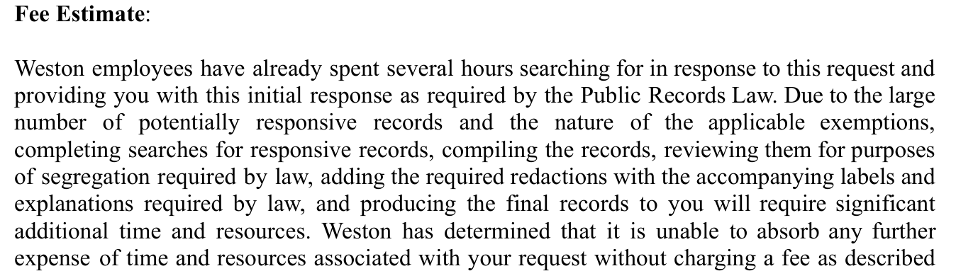 Exhibit 03: The August 14, 2026 response, under the heading “Fee Estimate,” stating that Weston employees have already spent several hours searching for responsive records.