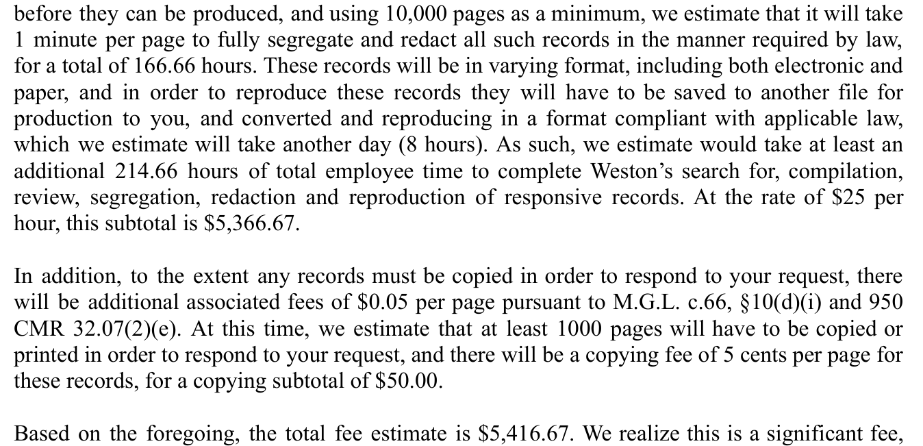 Exhibit 04: The August 14, 2026 estimate as written: a 10,000-page minimum, 166.66 review hours, 214.66 hours at $25 per hour, a $50.00 copying subtotal, and a total of $5,416.67.