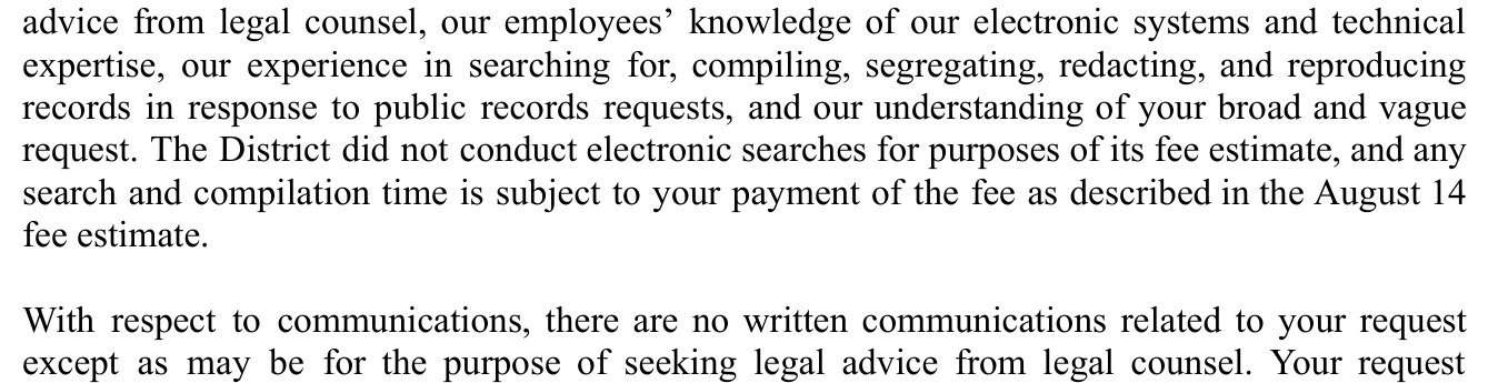 Exhibit 05: The August 28, 2026 supplemental response: “The District did not conduct electronic searches for purposes of its fee estimate.”