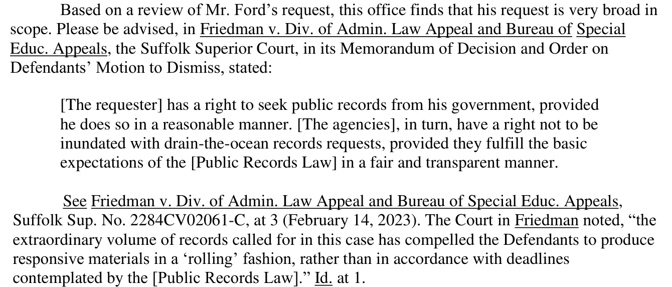 Exhibit 08: Page 5 of the SPR26/3432 determination, quoting the 2023 Suffolk Superior Court Friedman decision on the duty to produce responsive materials in a rolling fashion.