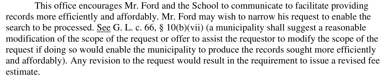 Exhibit 09: The conclusion of the SPR26/3432 determination: the appeal is closed, with an invitation to narrow the request and a note that any revision would require a revised fee estimate.