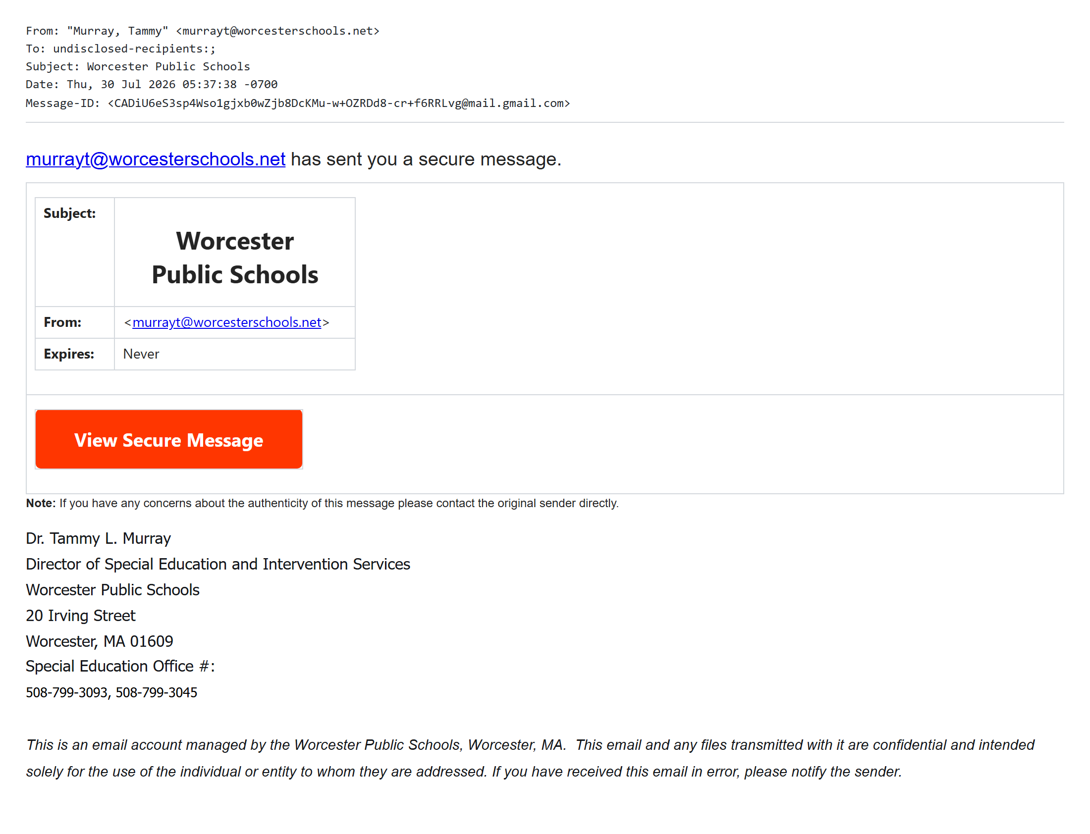 Header block and visible lure of the preserved original phishing email (.eml).