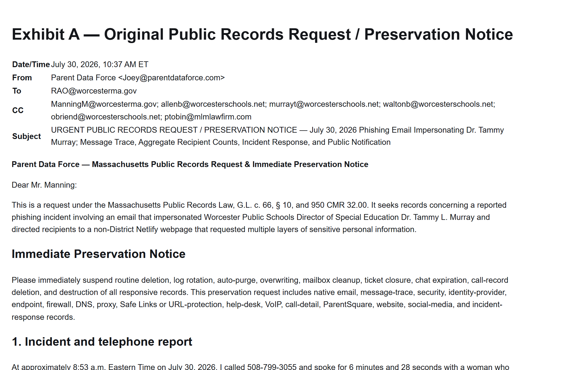 Opening of the July 30 public-records request and preservation notice.