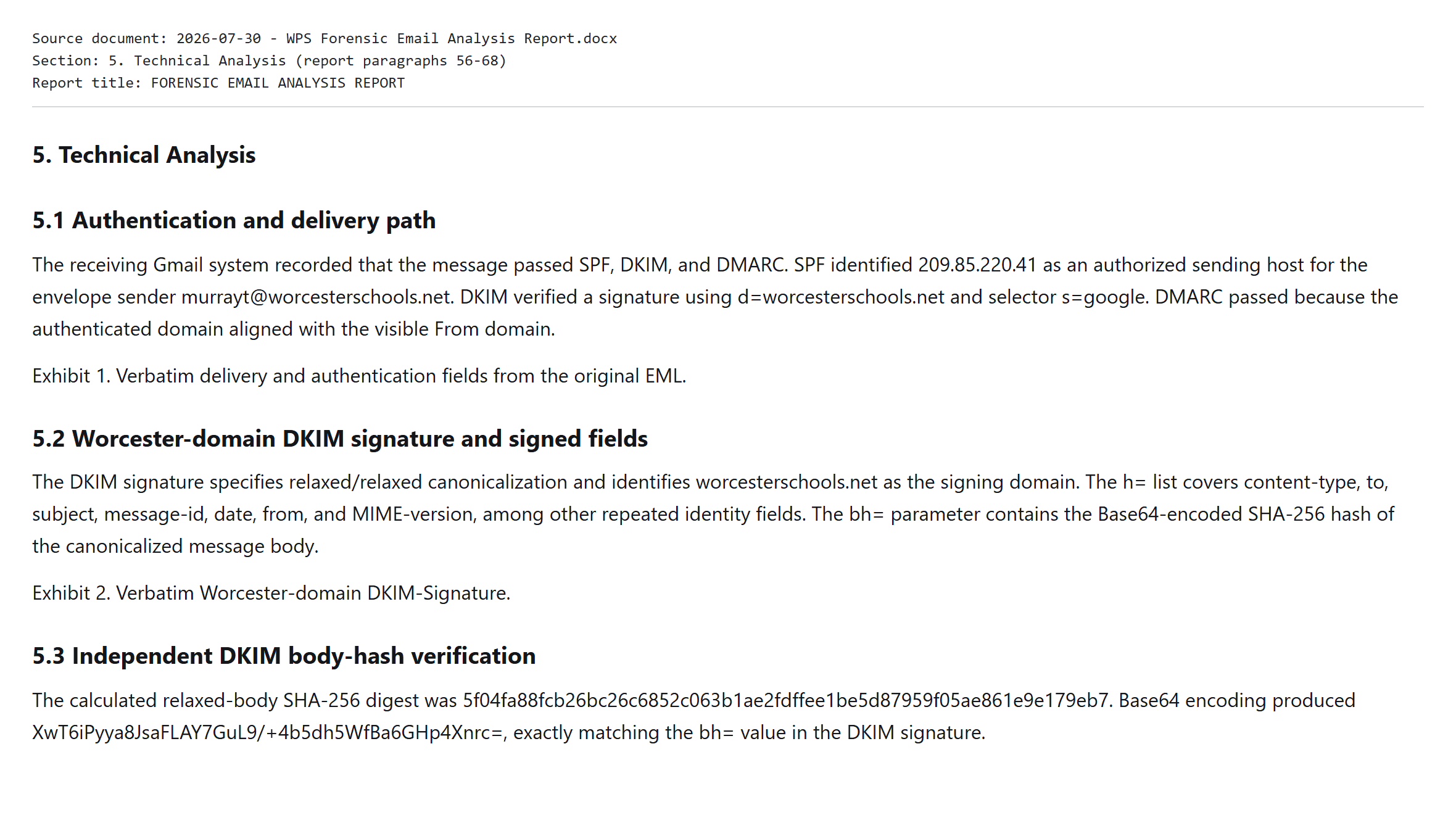 Forensic report section 5: authentication, the Worcester-domain DKIM signature, and the independent body-hash check.