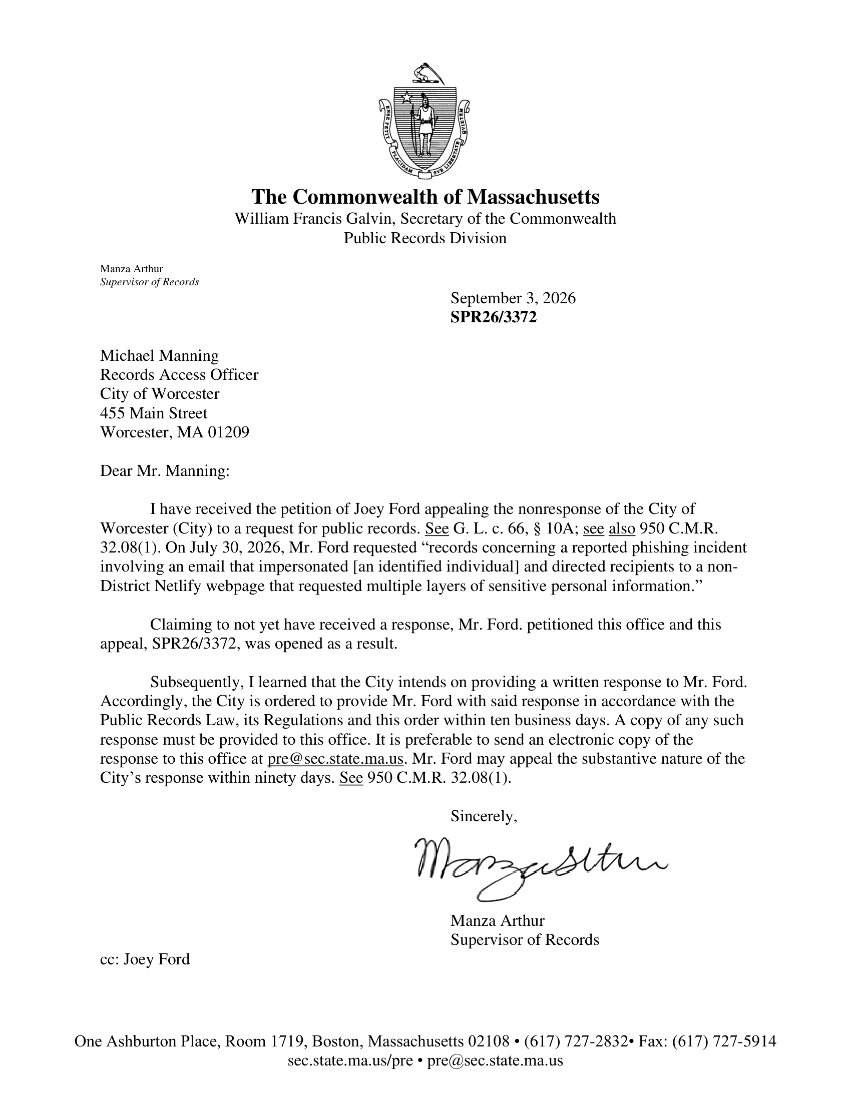 Supervisor of Records determination in SPR26/3372, September 3, 2026.