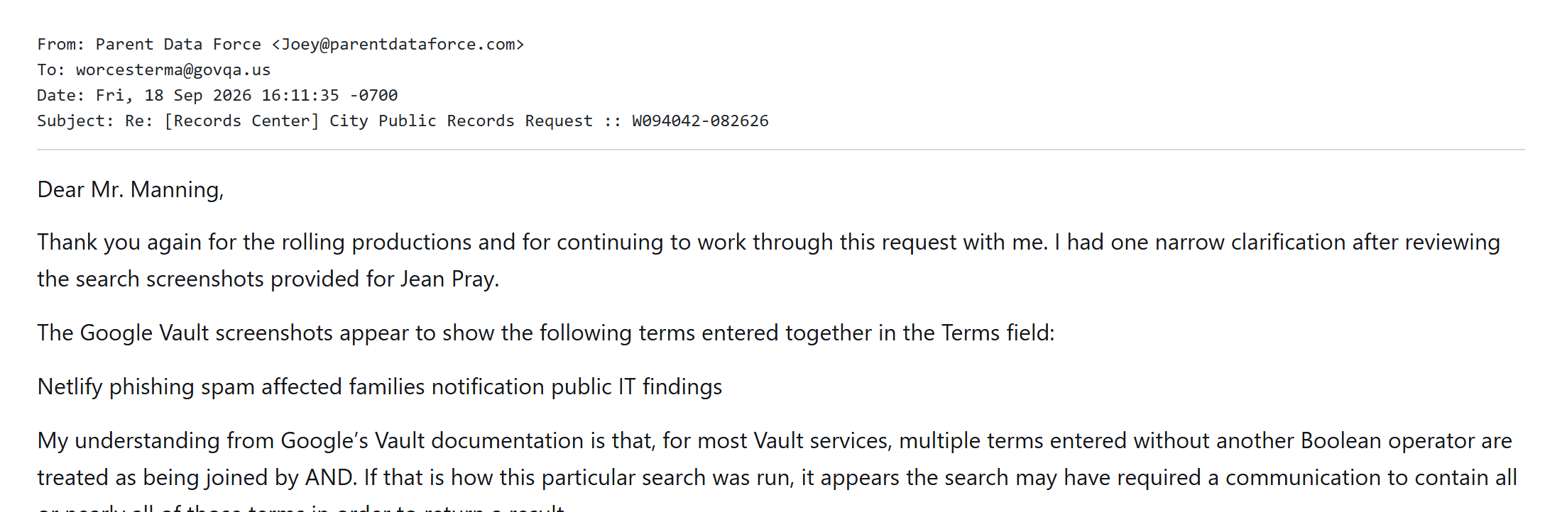 The September 18, 2026 email asking how the Jean Pray Vault search was constructed.