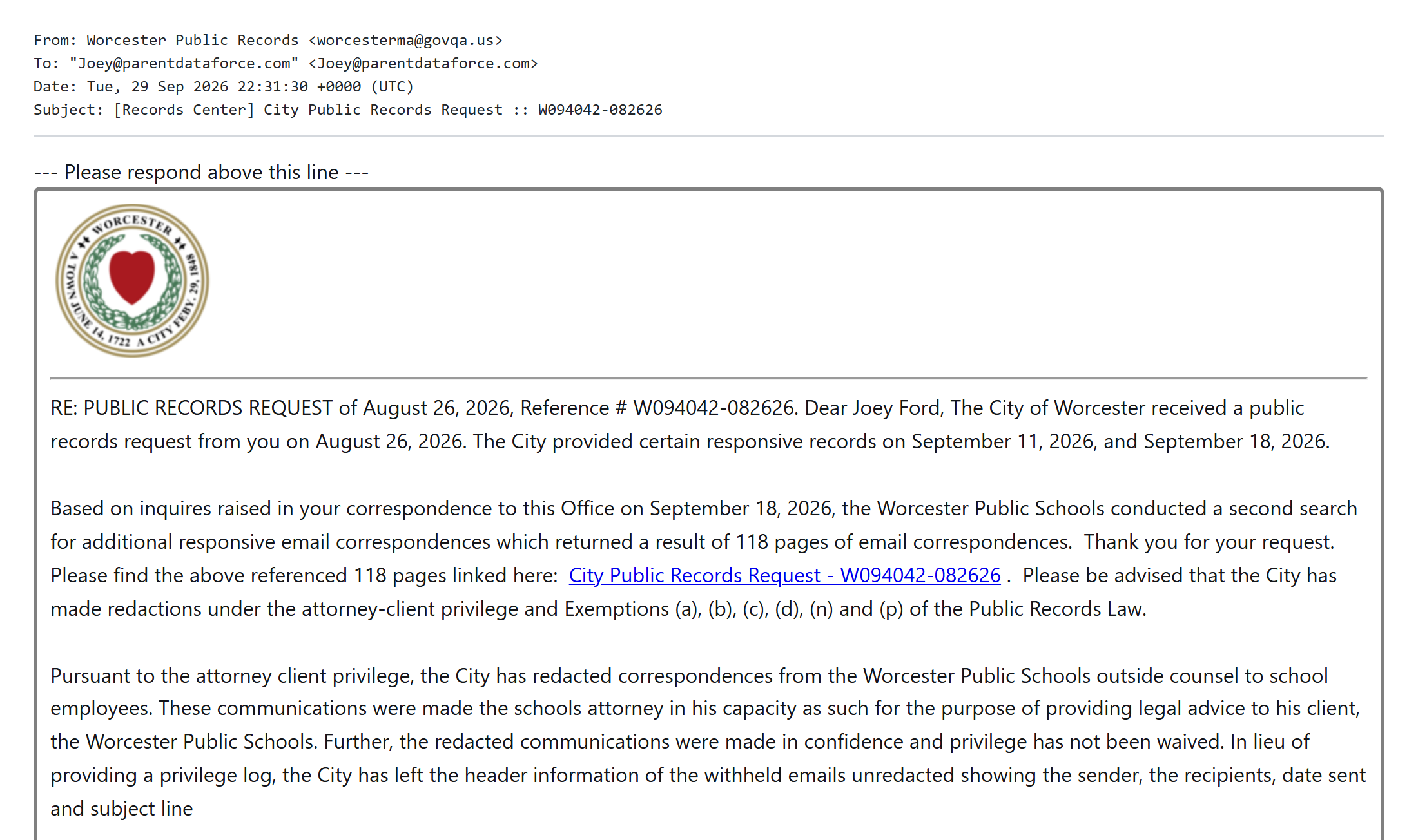 The September 29, 2026 Records Center response reporting the second search and the 118-page result.