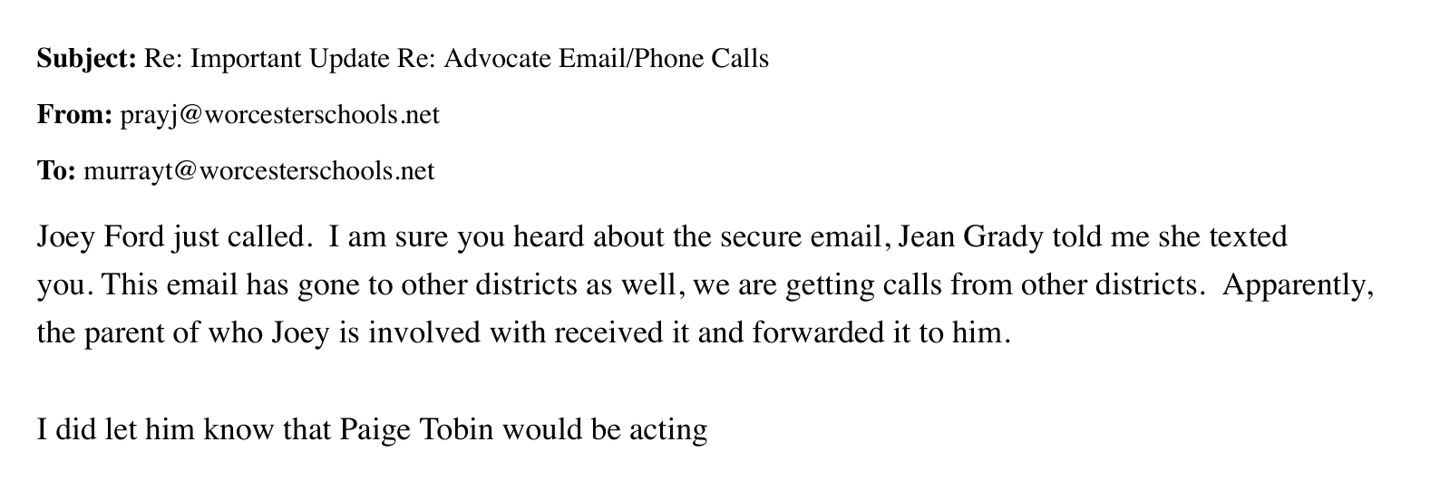 Page 69 — Jean Pray to Tammy Murray, “Important Update Re: Advocate Email/Phone Calls.”
