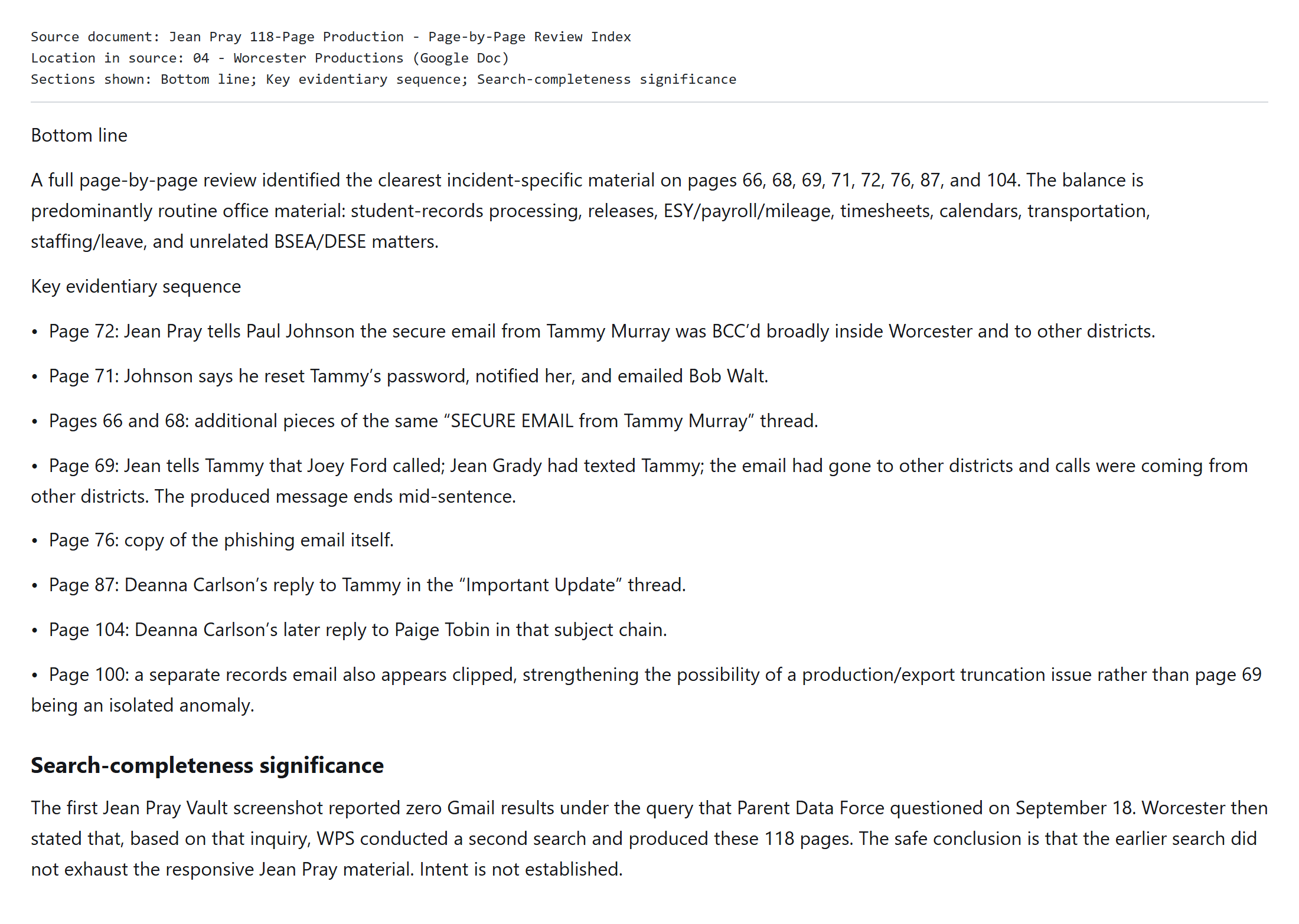 The page-by-page review index for the 118-page production.